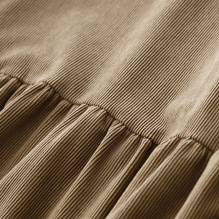 Buddha Stones Tan Solid Color Cotton Linen Corduroy Puff Long Sleeve Midi Dress - image 6