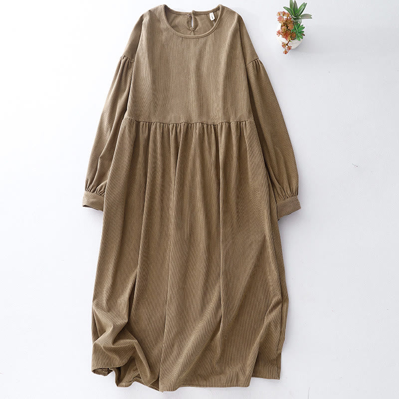 Buddha Stones Tan Solid Color Cotton Linen Corduroy Puff Long Sleeve Midi Dress - Tan - US8-10,UK/AU12-14,EU40-42 (2XL) - image 1