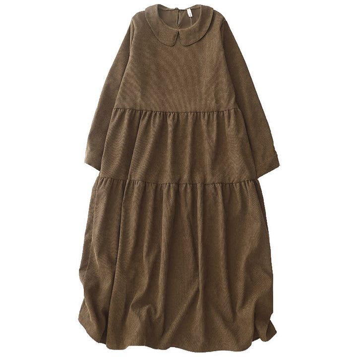 Buddha Stones Button Design Cotton Corduroy Peter Pan Collar Long Sleeve Midi Dress With Pockets - image 13