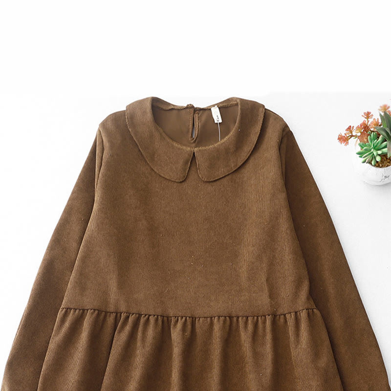 Buddha Stones Button Design Cotton Corduroy Peter Pan Collar Long Sleeve Midi Dress With Pockets - image 3