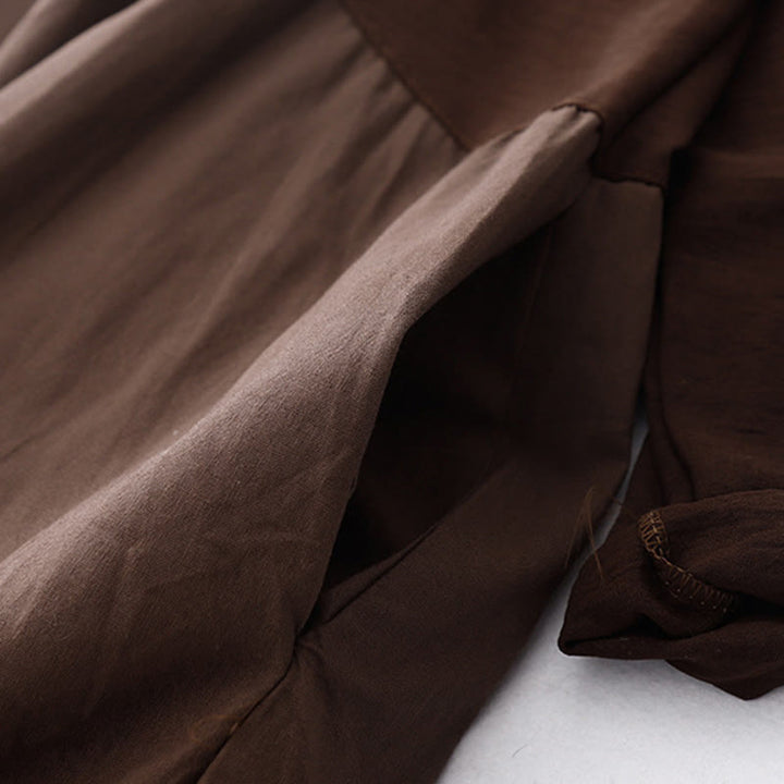 Buddha Stones Spring Plain Lapel Long Sleeve Cotton Linen Midi Dress With Pockets - image 4