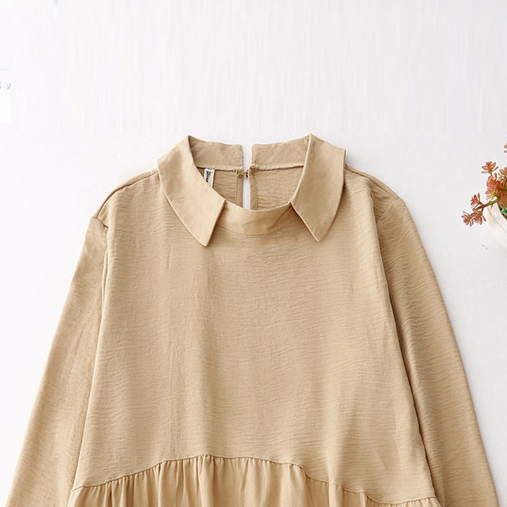 Buddha Stones Spring Plain Lapel Long Sleeve Cotton Linen Midi Dress With Pockets - image 11