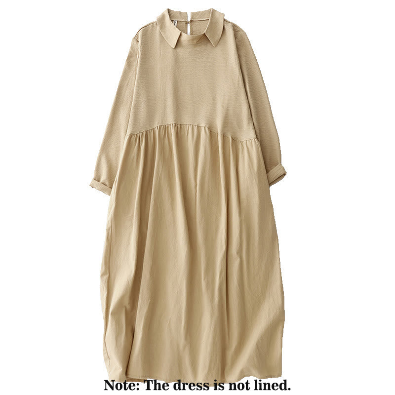Buddha Stones Spring Plain Lapel Long Sleeve Cotton Linen Midi Dress With Pockets - image 9