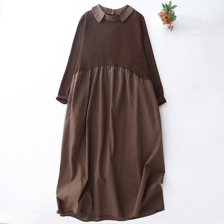 Buddha Stones Spring Plain Lapel Long Sleeve Cotton Linen Midi Dress With Pockets - SaddleBrown - US8-10,UK/AU12-14,EU40-42 (2XL) - image 1
