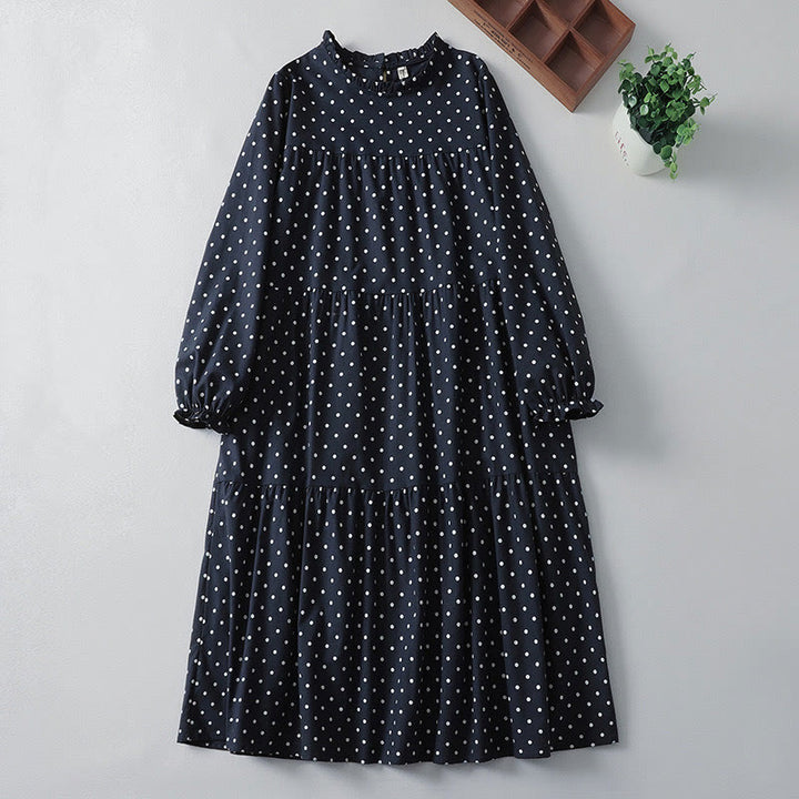 Buddha Stones Spring Dot Pattern Ruffle Crew Neck Long Sleeve Cotton Linen Midi Dress With Pockets - MidnightBlue - US12,UK/AU16,EU44 (2XL) - image 11