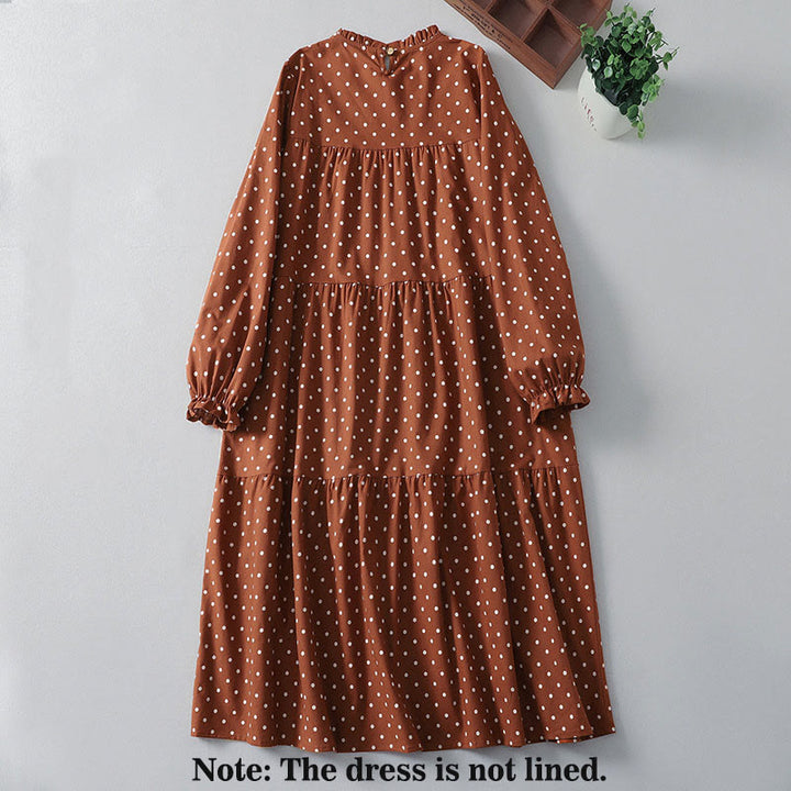 Buddha Stones Spring Dot Pattern Ruffle Crew Neck Long Sleeve Cotton Linen Midi Dress With Pockets - image 2