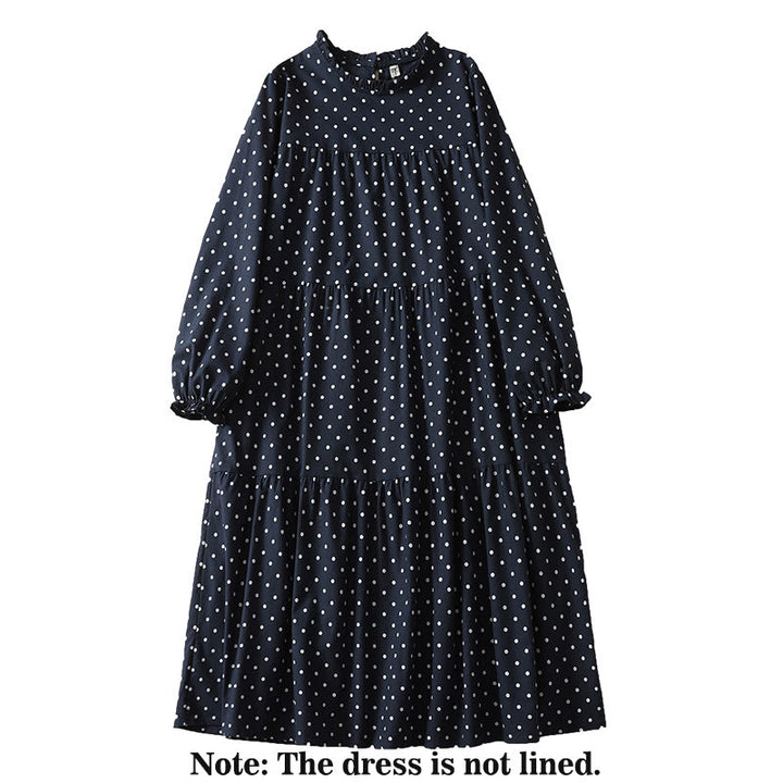 Buddha Stones Spring Dot Pattern Ruffle Crew Neck Long Sleeve Cotton Linen Midi Dress With Pockets - image 12