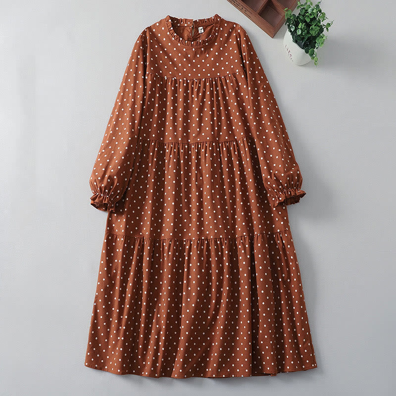 Buddha Stones Spring Dot Pattern Ruffle Crew Neck Long Sleeve Cotton Linen Midi Dress With Pockets - Chocolate - US12,UK/AU16,EU44 (2XL) - image 1