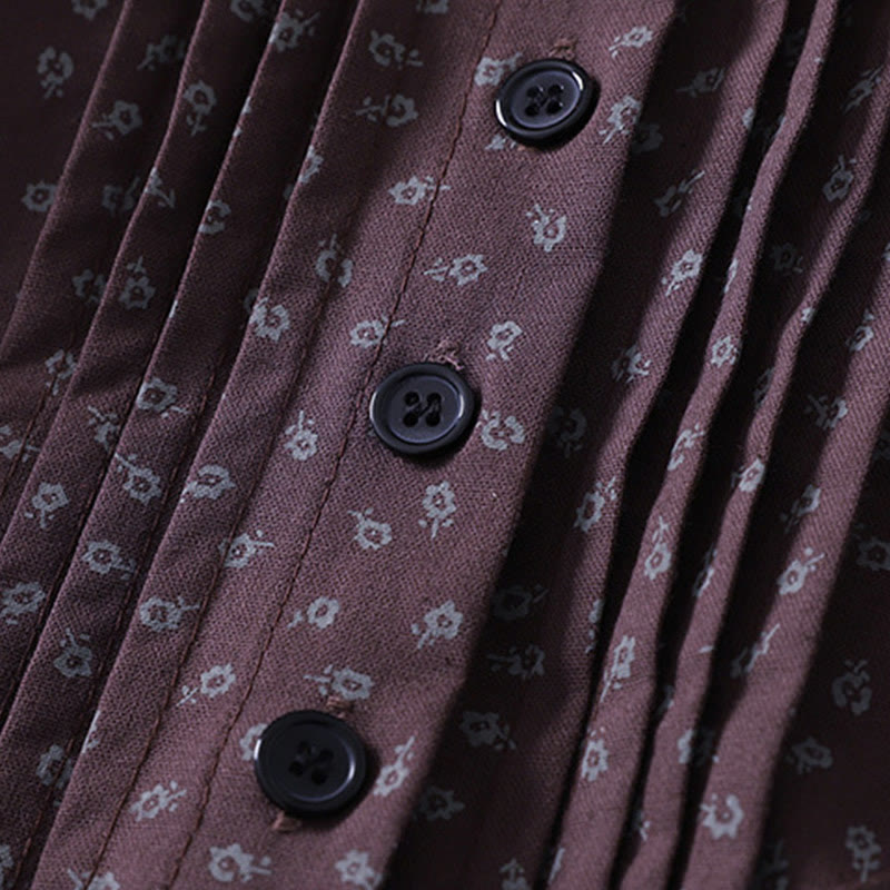 Buddha Stones Printing Floral Accordion Pleats Cotton Linen Long Sleeve Midi Dress With Pockets - image 12