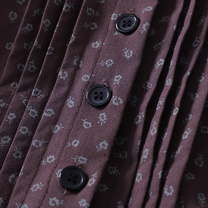 Buddha Stones Printing Floral Accordion Pleats Cotton Linen Long Sleeve Midi Dress With Pockets - image 12