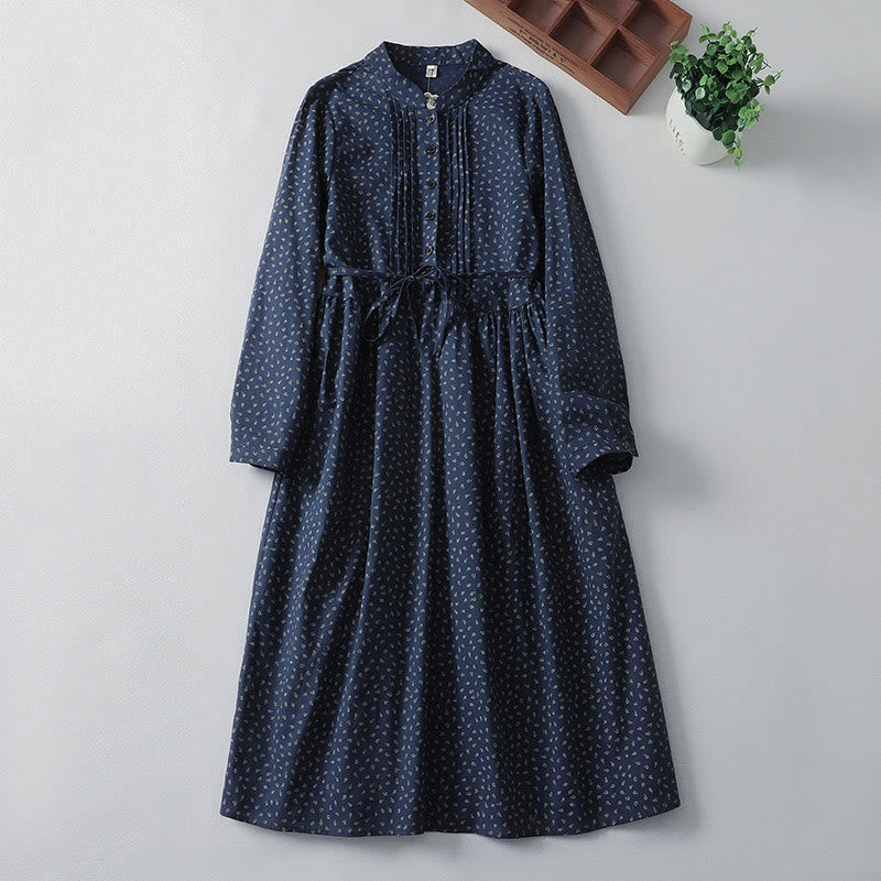 Buddha Stones Printing Floral Accordion Pleats Cotton Linen Long Sleeve Midi Dress With Pockets - MidnightBlue - US8-10,UK/AU12-14,EU40-42 (2XL) - image 1