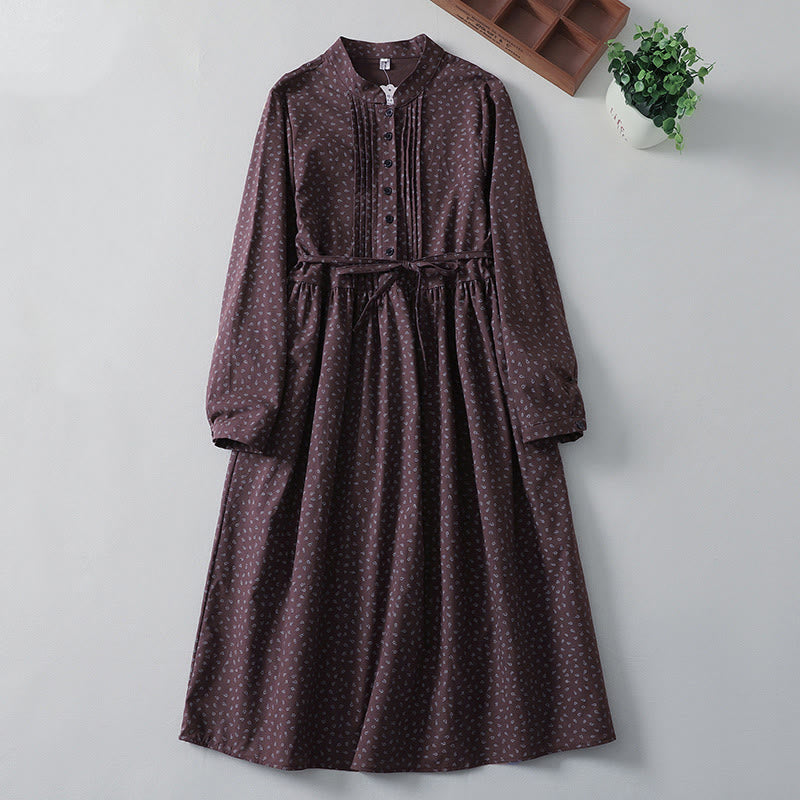 Buddha Stones Printing Floral Accordion Pleats Cotton Linen Long Sleeve Midi Dress With Pockets - DarkMagenta - US8-10,UK/AU12-14,EU40-42 (2XL) - image 7