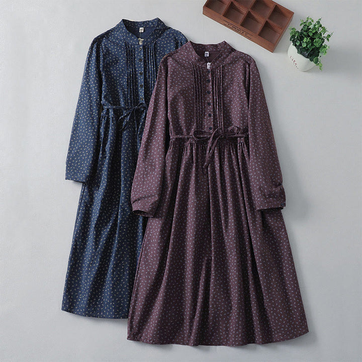 Buddha Stones Printing Floral Accordion Pleats Cotton Linen Long Sleeve Midi Dress With Pockets - image 18