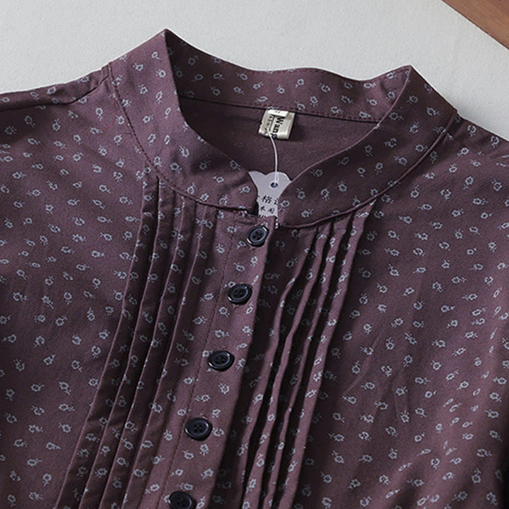 Buddha Stones Printing Floral Accordion Pleats Cotton Linen Long Sleeve Midi Dress With Pockets - image 9