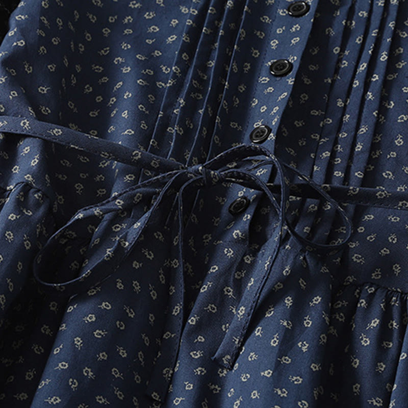 Buddha Stones Printing Floral Accordion Pleats Cotton Linen Long Sleeve Midi Dress With Pockets - image 4