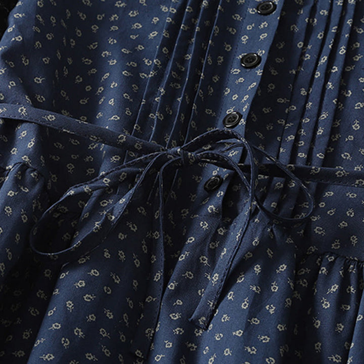 Buddha Stones Printing Floral Accordion Pleats Cotton Linen Long Sleeve Midi Dress With Pockets - image 4