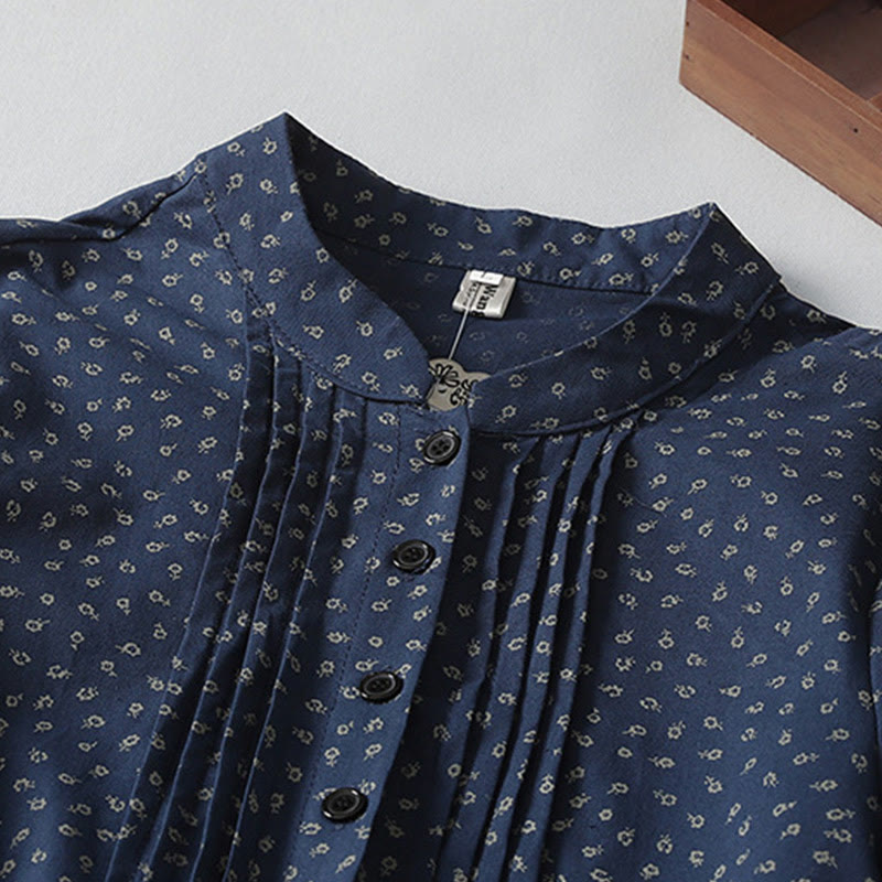 Buddha Stones Printing Floral Accordion Pleats Cotton Linen Long Sleeve Midi Dress With Pockets - image 3