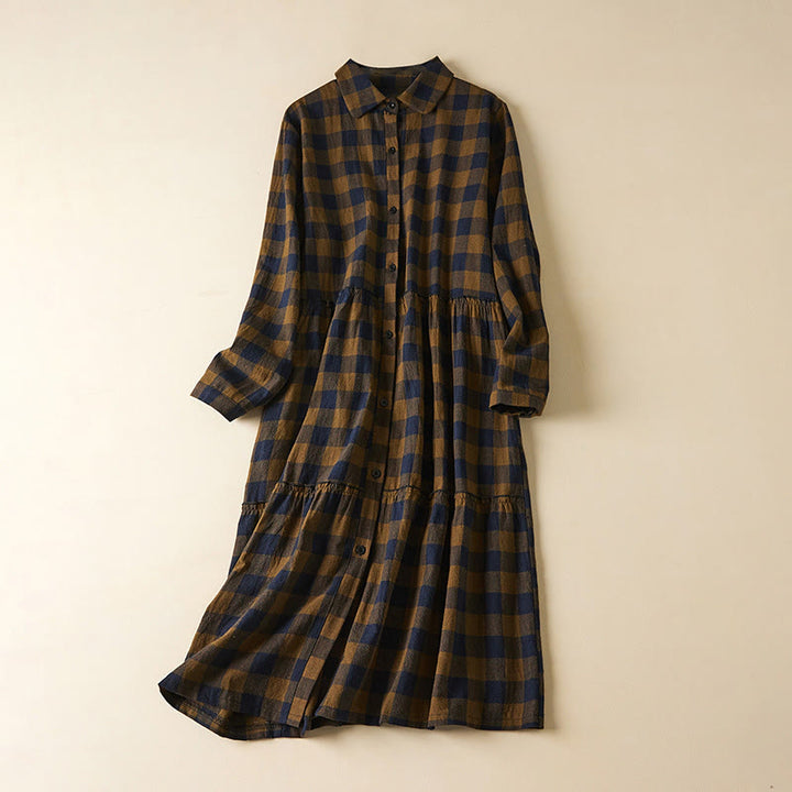 Buddha Stones Contrast Color Plaid Buttons Design Cotton Linen Long Sleeve Midi Dress With Pockets - DarkGoldenrod - US8-10,UK/AU12-14,EU40-42 (2XL) - image 1