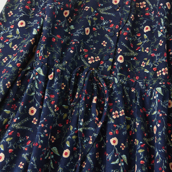 Buddha Stones Ethnic Printing Floral Lace-Up Design Long Sleeve Cotton Linen Midi Dress - image 5