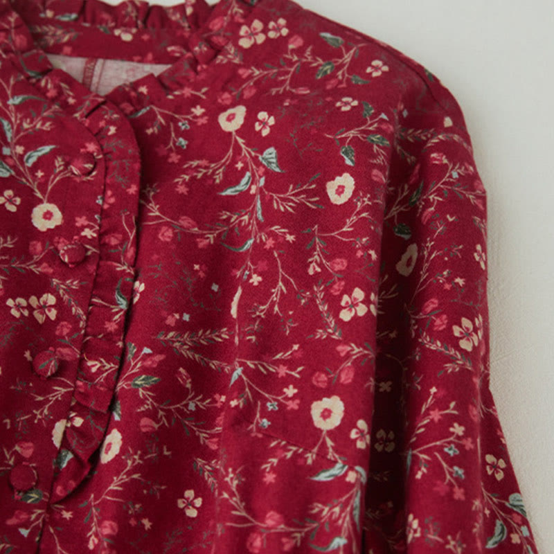 Buddha Stones Ethnic Printing Floral Lace-Up Design Long Sleeve Cotton Linen Midi Dress - image 12