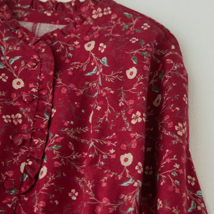 Buddha Stones Ethnic Printing Floral Lace-Up Design Long Sleeve Cotton Linen Midi Dress - image 12