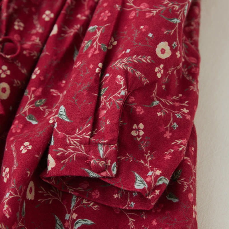 Buddha Stones Ethnic Printing Floral Lace-Up Design Long Sleeve Cotton Linen Midi Dress - image 15