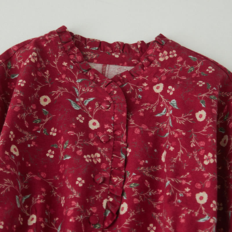 Buddha Stones Ethnic Printing Floral Lace-Up Design Long Sleeve Cotton Linen Midi Dress - image 11