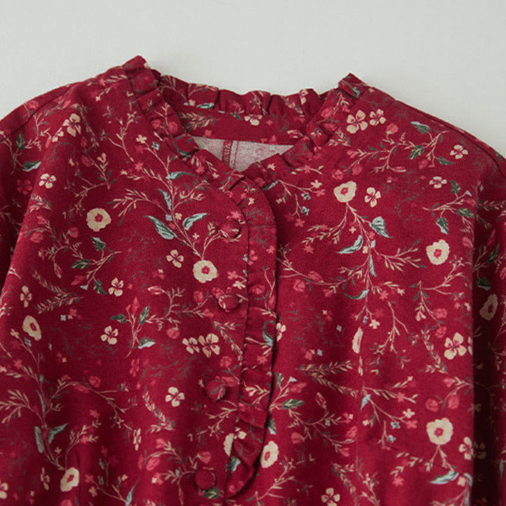 Buddha Stones Ethnic Printing Floral Lace-Up Design Long Sleeve Cotton Linen Midi Dress - image 11