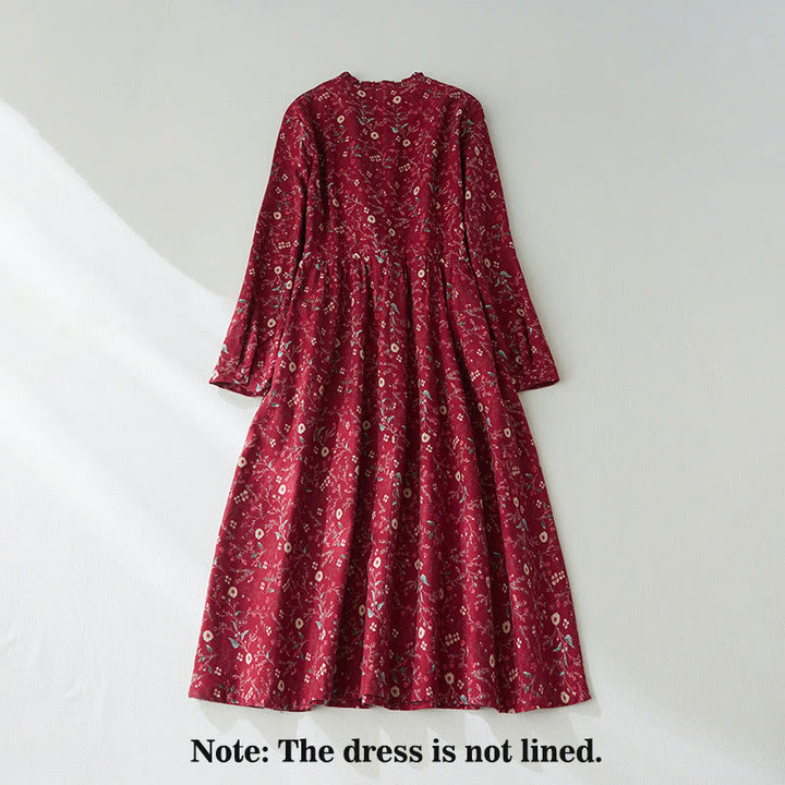 Buddha Stones Ethnic Printing Floral Lace-Up Design Long Sleeve Cotton Linen Midi Dress - image 10