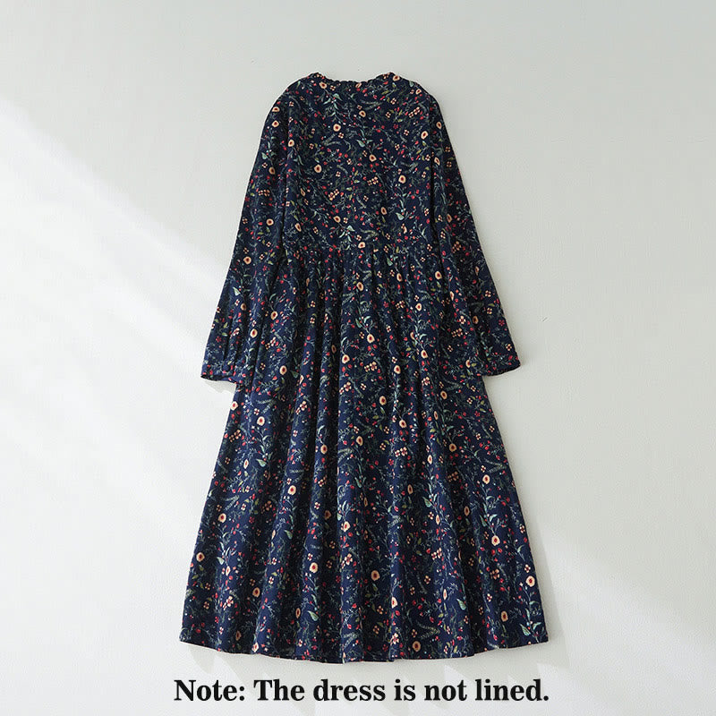 Buddha Stones Ethnic Printing Floral Lace-Up Design Long Sleeve Cotton Linen Midi Dress - image 2