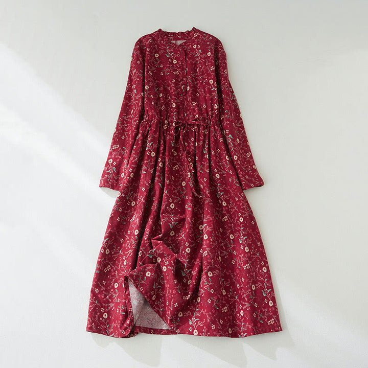 Buddha Stones Ethnic Printing Floral Lace-Up Design Long Sleeve Cotton Linen Midi Dress - Crimson - US8-10,UK/AU12-14,EU40-42 (2XL) - image 9