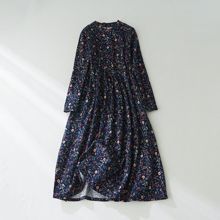 Buddha Stones Ethnic Printing Floral Lace-Up Design Long Sleeve Cotton Linen Midi Dress - MidnightBlue - US8-10,UK/AU12-14,EU40-42 (2XL) - image 1