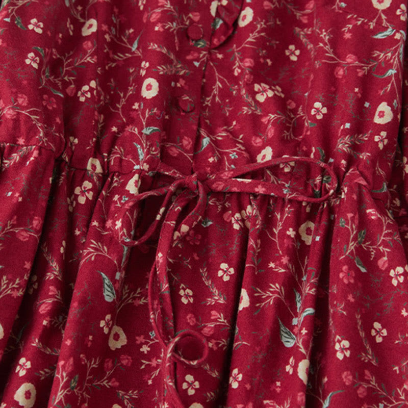 Buddha Stones Ethnic Printing Floral Lace-Up Design Long Sleeve Cotton Linen Midi Dress - image 14