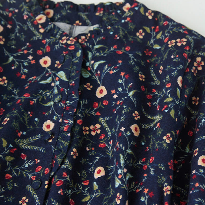 Buddha Stones Ethnic Printing Floral Lace-Up Design Long Sleeve Cotton Linen Midi Dress - image 4