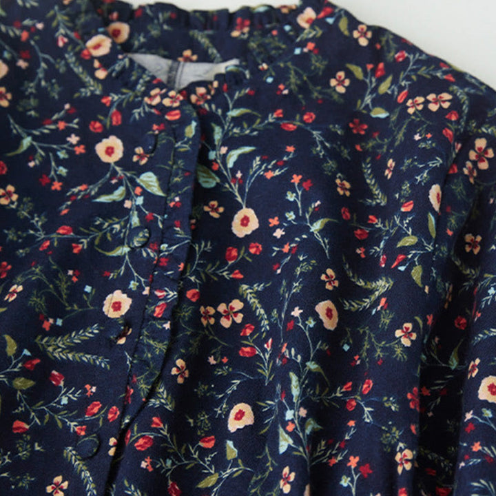 Buddha Stones Ethnic Printing Floral Lace-Up Design Long Sleeve Cotton Linen Midi Dress - image 4