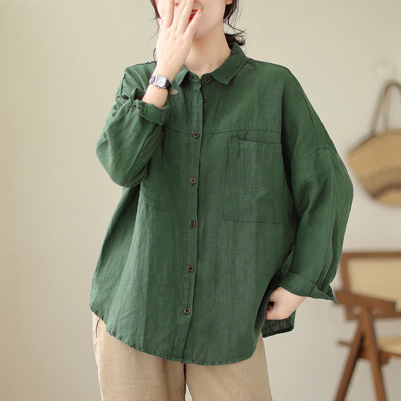 Buddha Stones Casual Plain Women's Cotton Linen Long Sleeve Shirt - SeaGreen - US14,UK/AU18,EU46 (2XL) - image 1