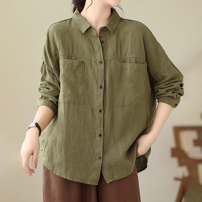 Buddha Stones Casual Plain Women's Cotton Linen Long Sleeve Shirt - image 22