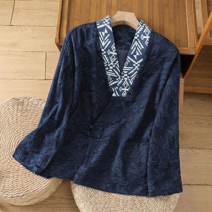 Buddha Stones Casual Jacquard Frog-Button Women's Cotton Linen Long Sleeve Shirt - MidnightBlue - US12,UK/AU16,EU44 (2XL) - image 1