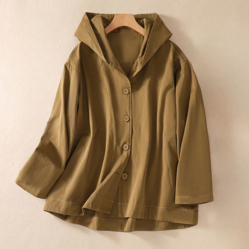 Buddha Stones Pure Color Hooded Women's Long Sleeve Cotton Jacket With Pockets - DarkGoldenrod - US14,UK/AU18,EU46 (2XL) - image 2