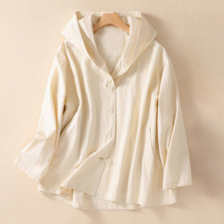 Buddha Stones Pure Color Hooded Women's Long Sleeve Cotton Jacket With Pockets - OldLace - US14,UK/AU18,EU46 (2XL) - image 7