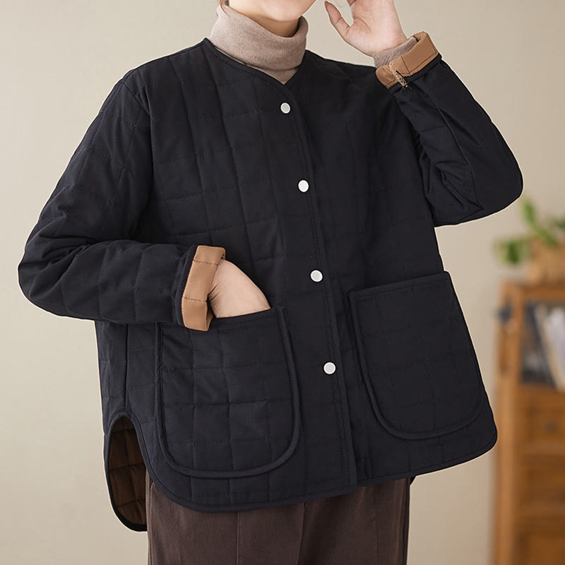 Buddha Stones Retro Plain Women's Thick Cotton Long Sleeve Coat Jacket With Pockets - image 5