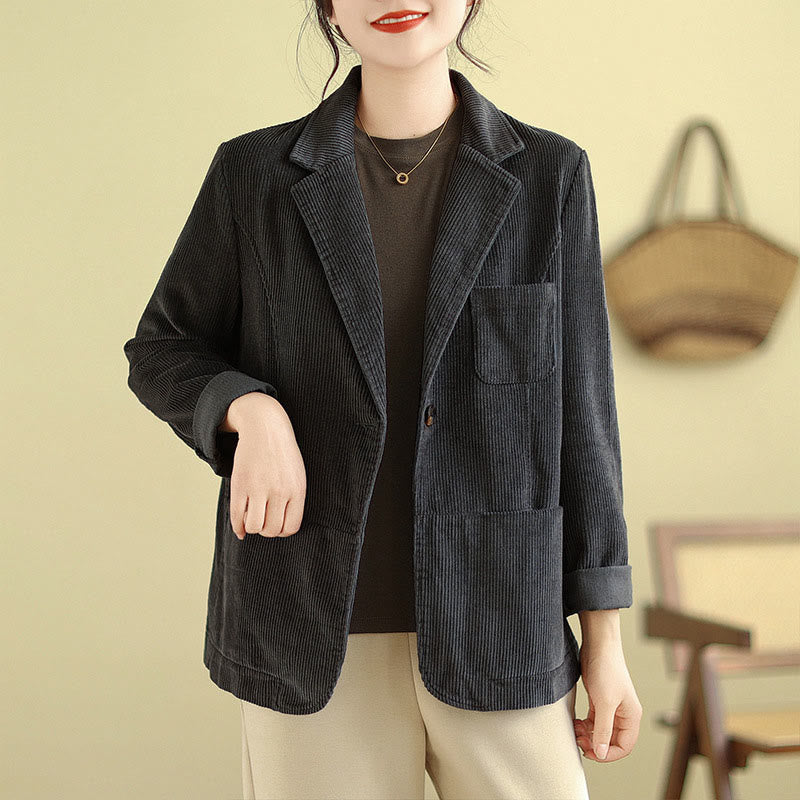 Buddha Stones Retro Plain Women's Cotton Long Sleeve Corduroy Jacket With Pockets - DimGray - US12,UK/AU16,EU44 (2XL) - image 12