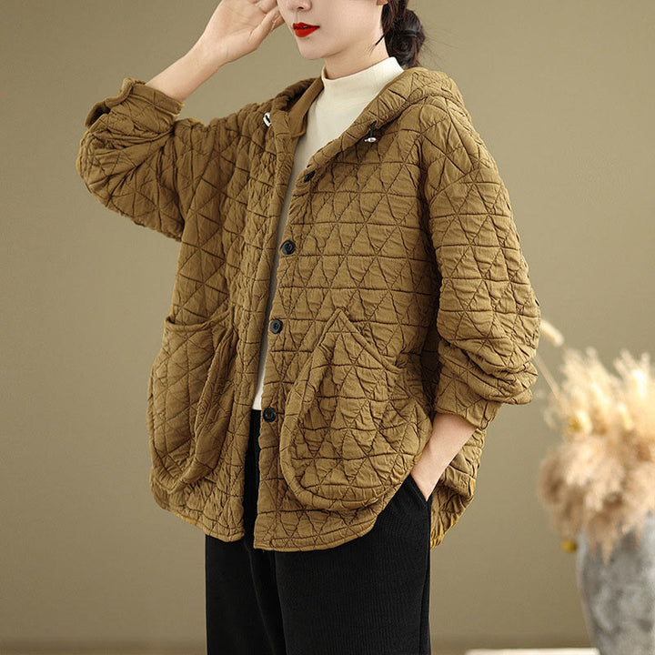 Buddha Stones Retro Rhombic Pattern Women's Acrylic Hooded Long Sleeve Jacket - image 4