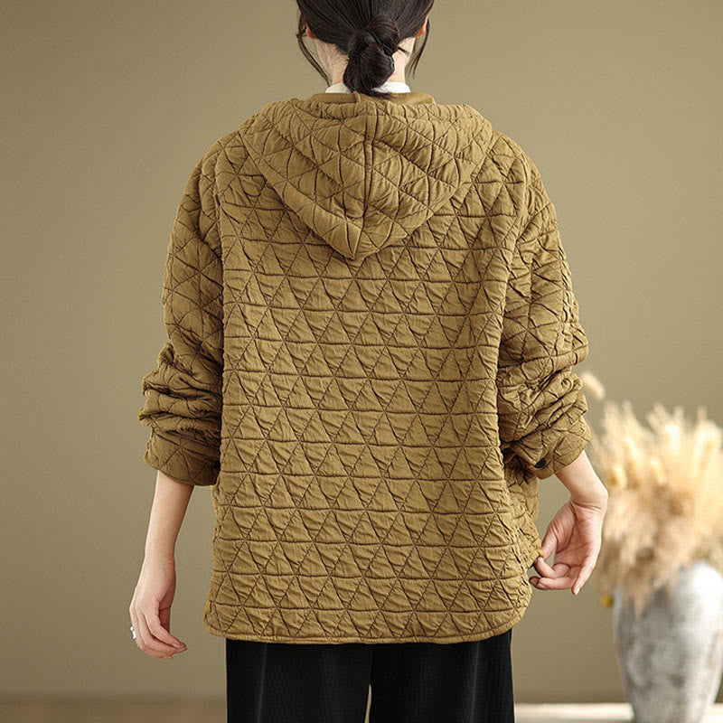 Buddha Stones Retro Rhombic Pattern Women's Acrylic Hooded Long Sleeve Jacket - image 6