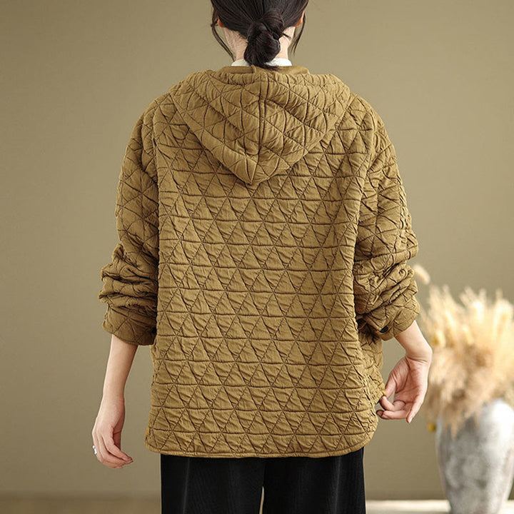 Buddha Stones Retro Rhombic Pattern Women's Acrylic Hooded Long Sleeve Jacket - image 6