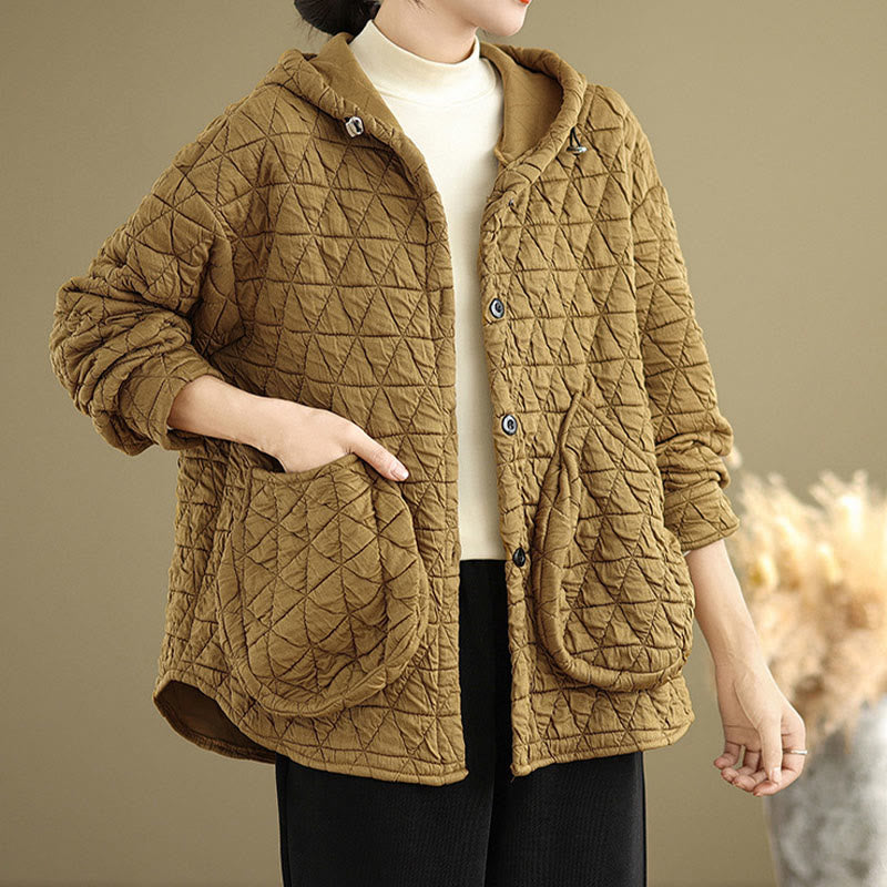 Buddha Stones Retro Rhombic Pattern Women's Acrylic Hooded Long Sleeve Jacket - image 2