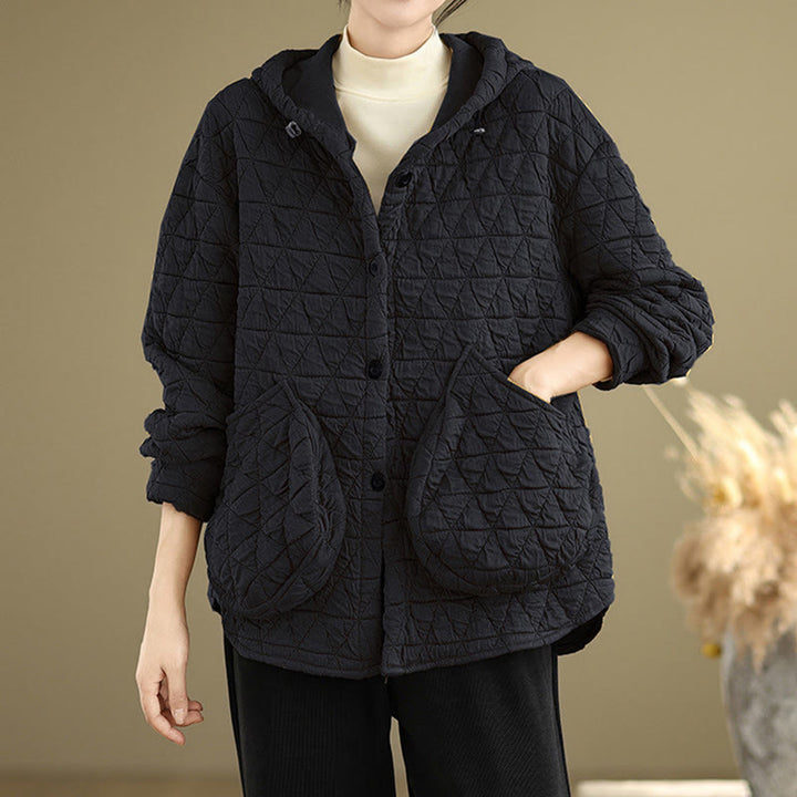 Buddha Stones Retro Rhombic Pattern Women's Acrylic Hooded Long Sleeve Jacket - Black - US14,UK/AU18,EU46 (2XL) - image 9