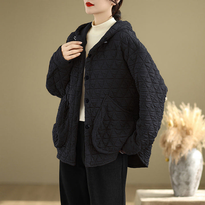 Buddha Stones Retro Rhombic Pattern Women's Acrylic Hooded Long Sleeve Jacket - image 11