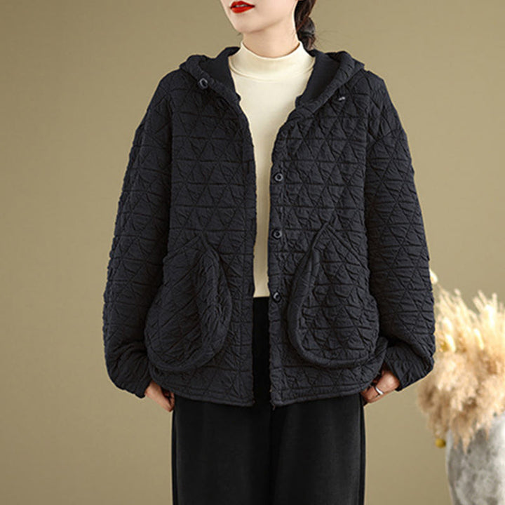 Buddha Stones Retro Rhombic Pattern Women's Acrylic Hooded Long Sleeve Jacket - image 10