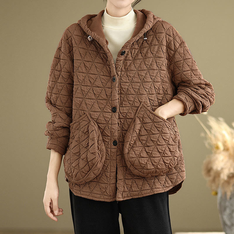 Buddha Stones Retro Rhombic Pattern Women's Acrylic Hooded Long Sleeve Jacket - image 13